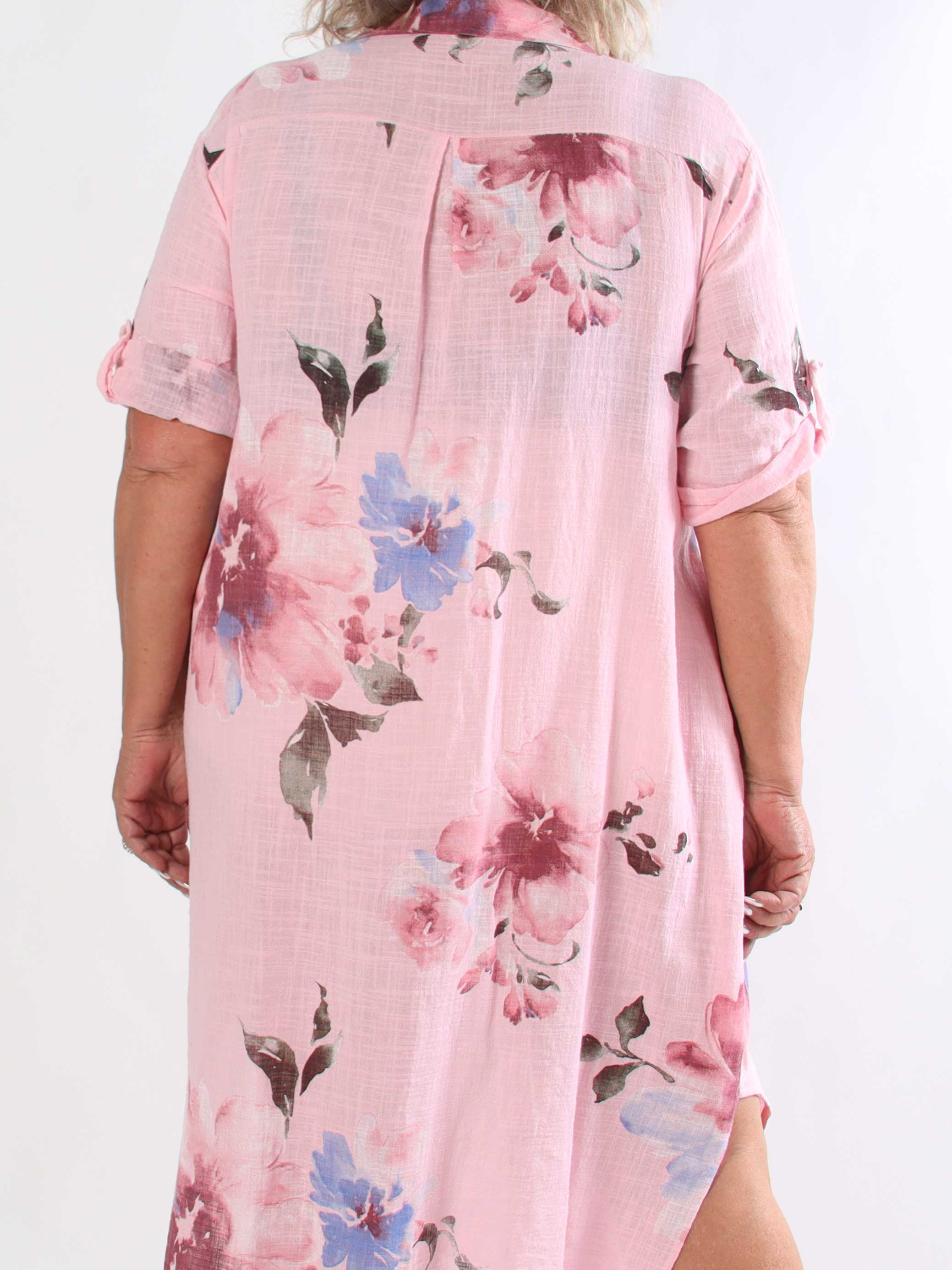 Maissa - Lang plus size skjortekjole i bomuld med blomsterprint